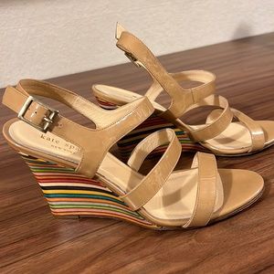 Kate Spade - Tan Patent Leather - Wedge Colorful Stripe Heel. Leather Soles
